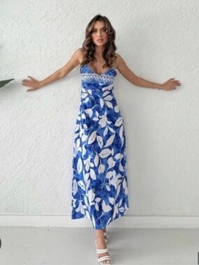 Zara Blue White Tropical Linen Midi Dress Blogger Fave